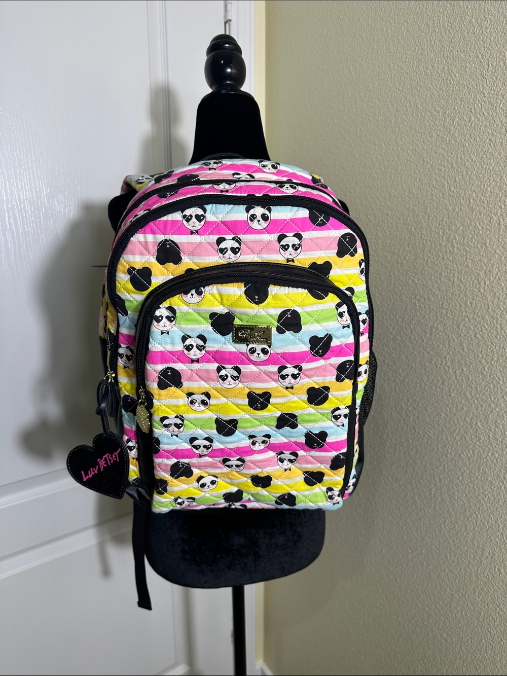 Luv Betsy /Betsy Johnson Quilted Panda Print Backpack - Colorful Striped Design